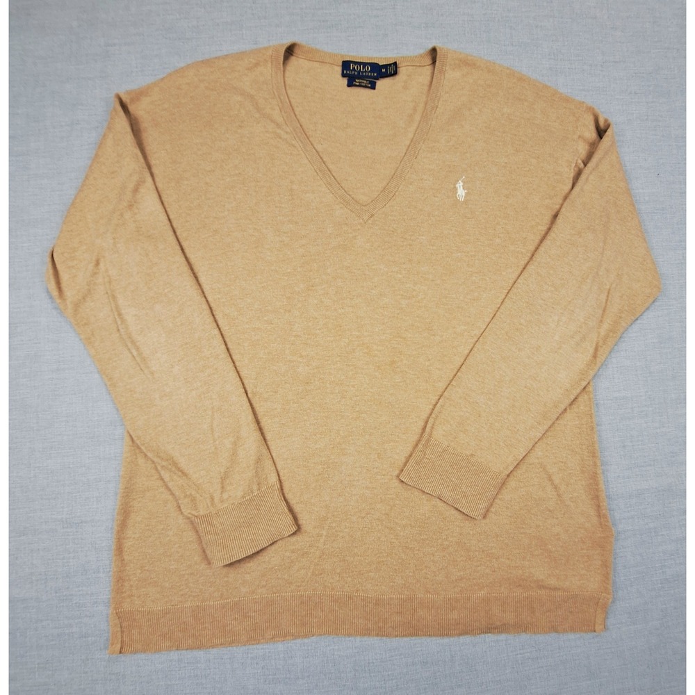 Polo Ralph Lauren Mens Medium Tan Washable Pima Cotton V-Neck Sweater Pony Logo
